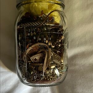 Jar of Mixed Jewelry with Gold and Brown Accents